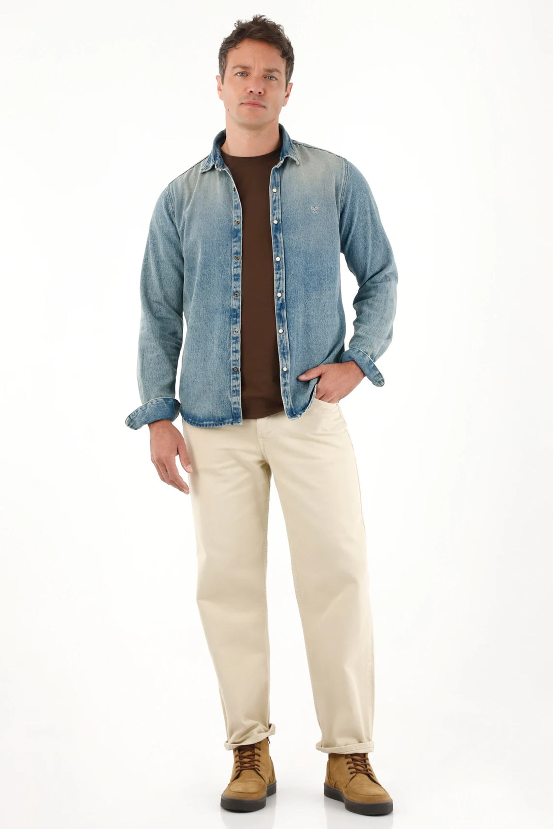 Camisa manga larga en denim azul para hombre