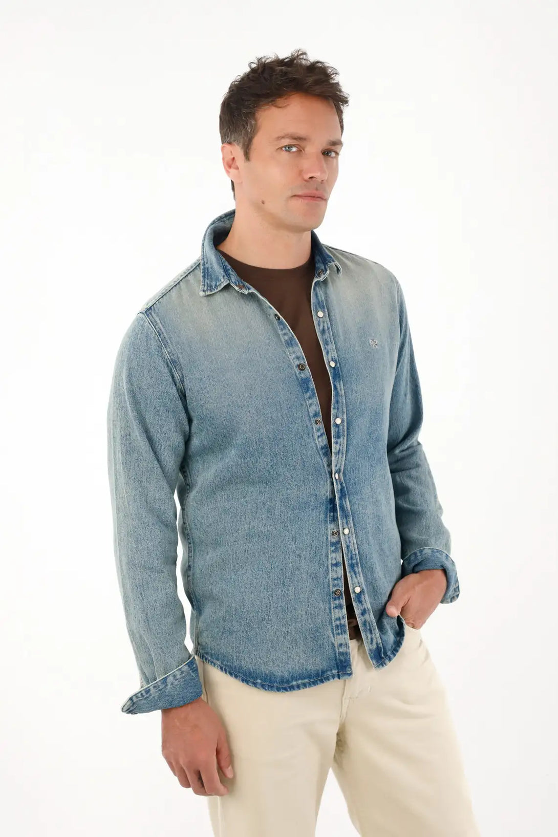 Camisa manga larga en denim azul para hombre