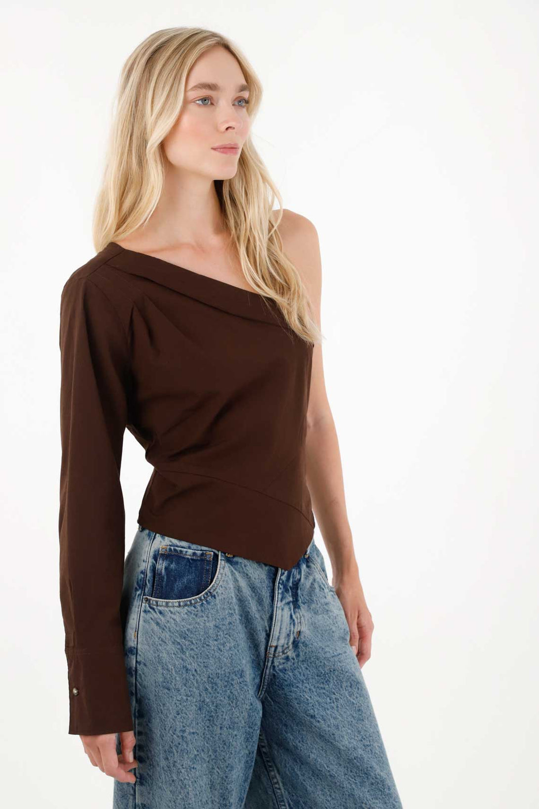 One Shoulder Brown Shirt for Women