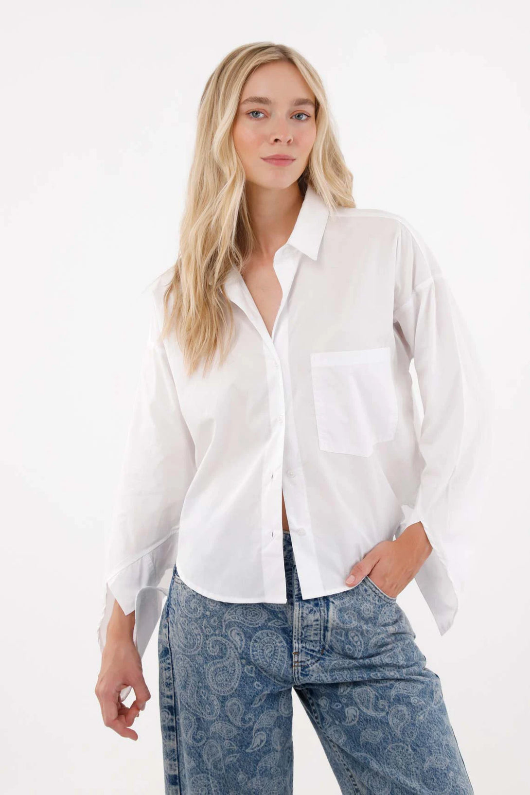 Long Sleeve White Shirt with Pocket for Women