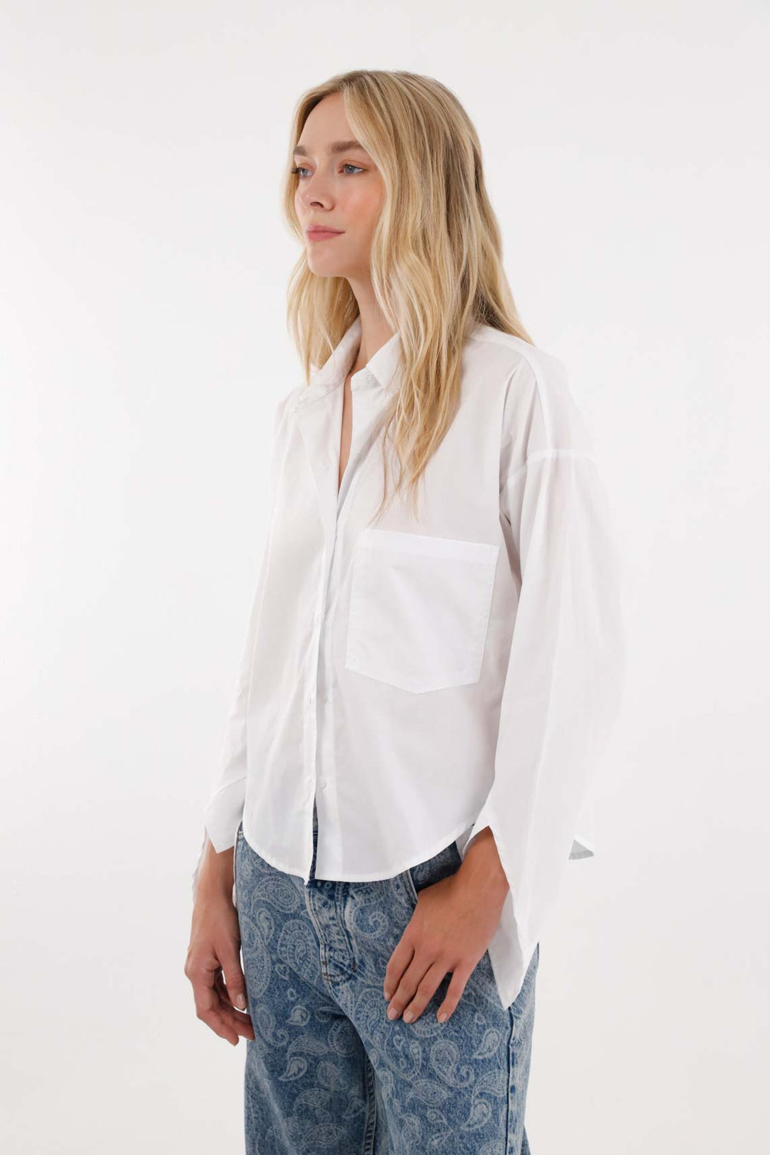 Long Sleeve White Shirt with Pocket for Women