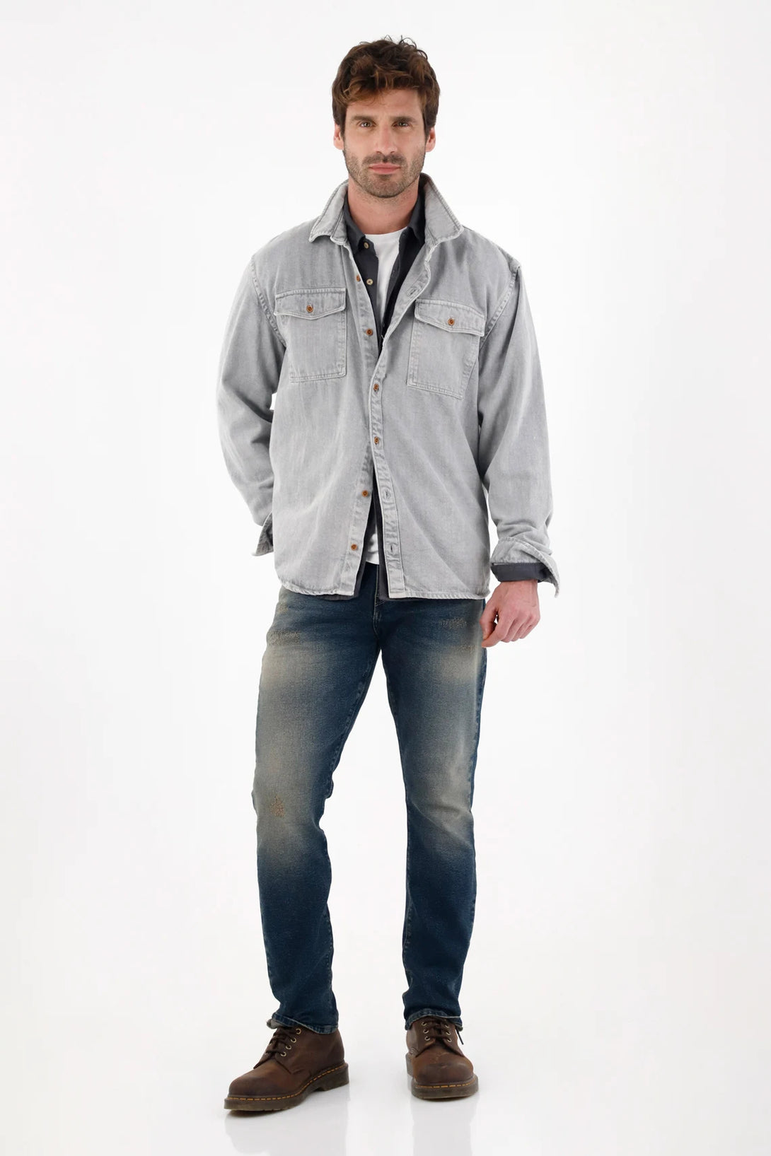 Men's Cotton Shirt Gray Relaxed Fit Long Sleeve Pockets