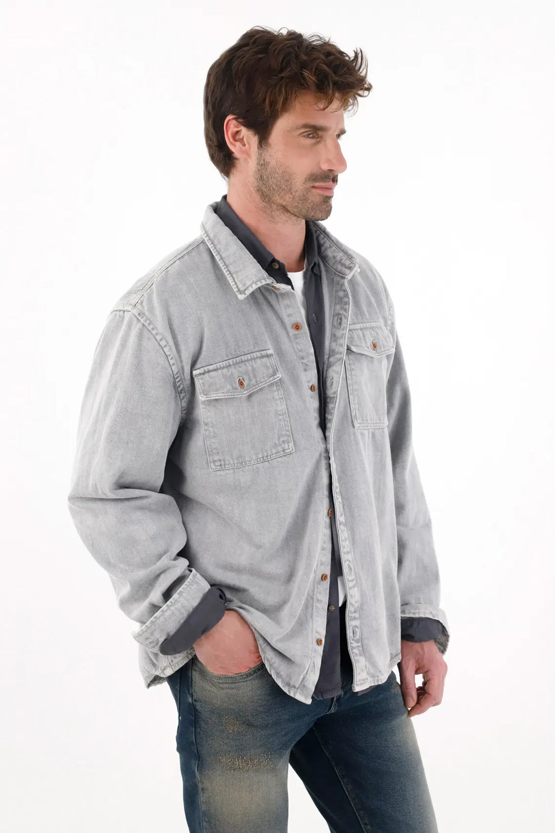 Men's Cotton Shirt Gray Relaxed Fit Long Sleeve Pockets