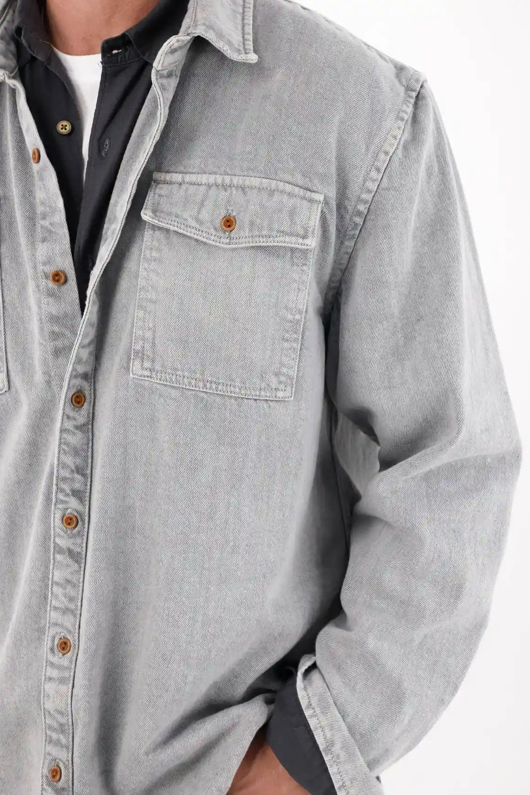 Men's Cotton Shirt Gray Relaxed Fit Long Sleeve Pockets