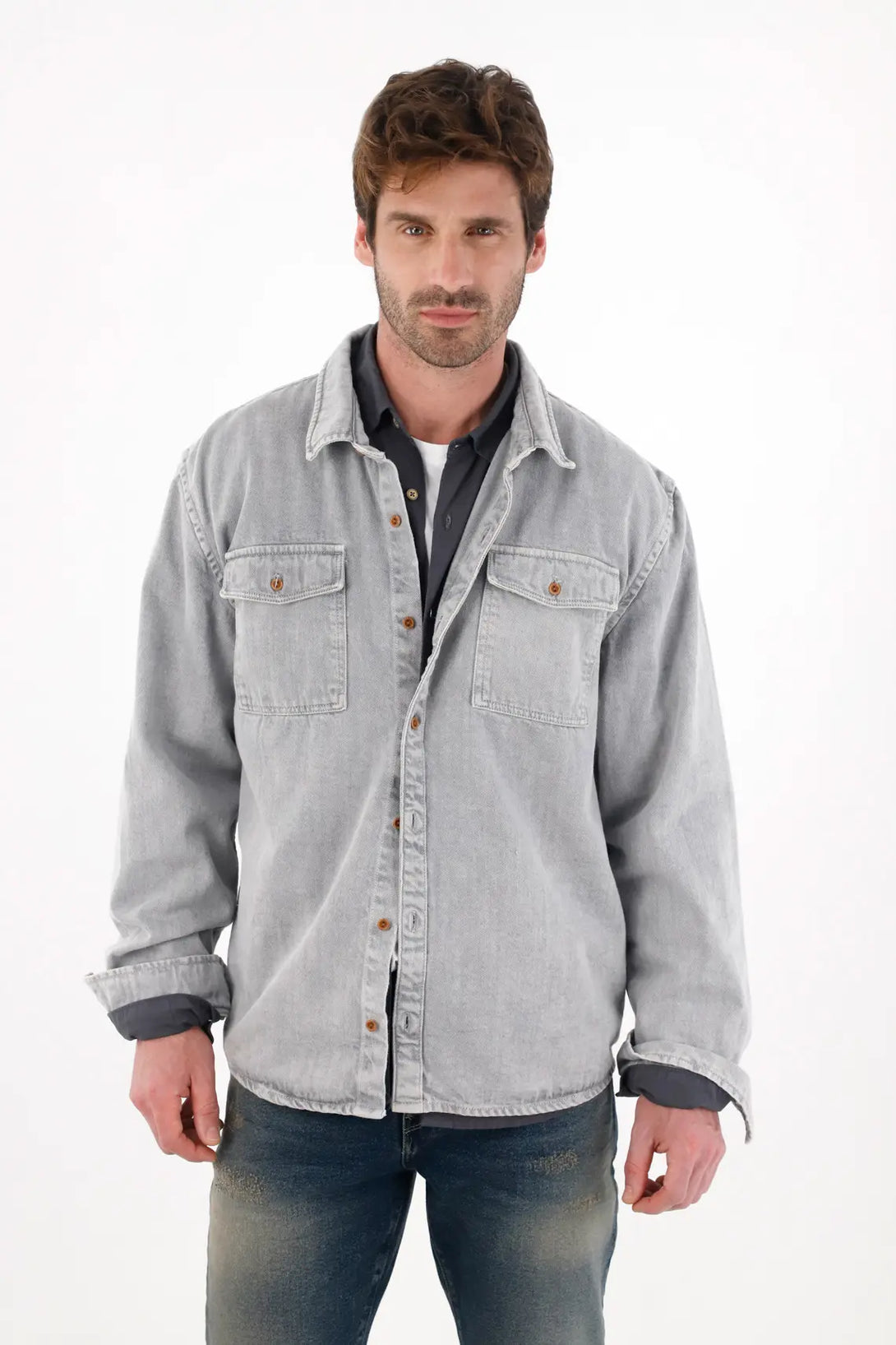 Men's Cotton Shirt Gray Relaxed Fit Long Sleeve Pockets