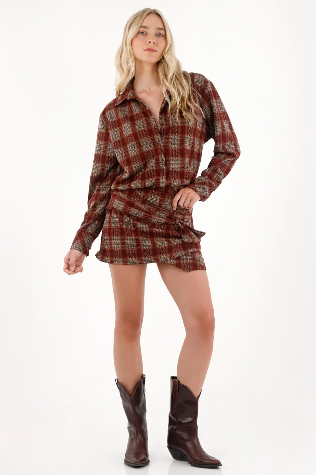 Camisa de cuadros manga larga roja para mujer