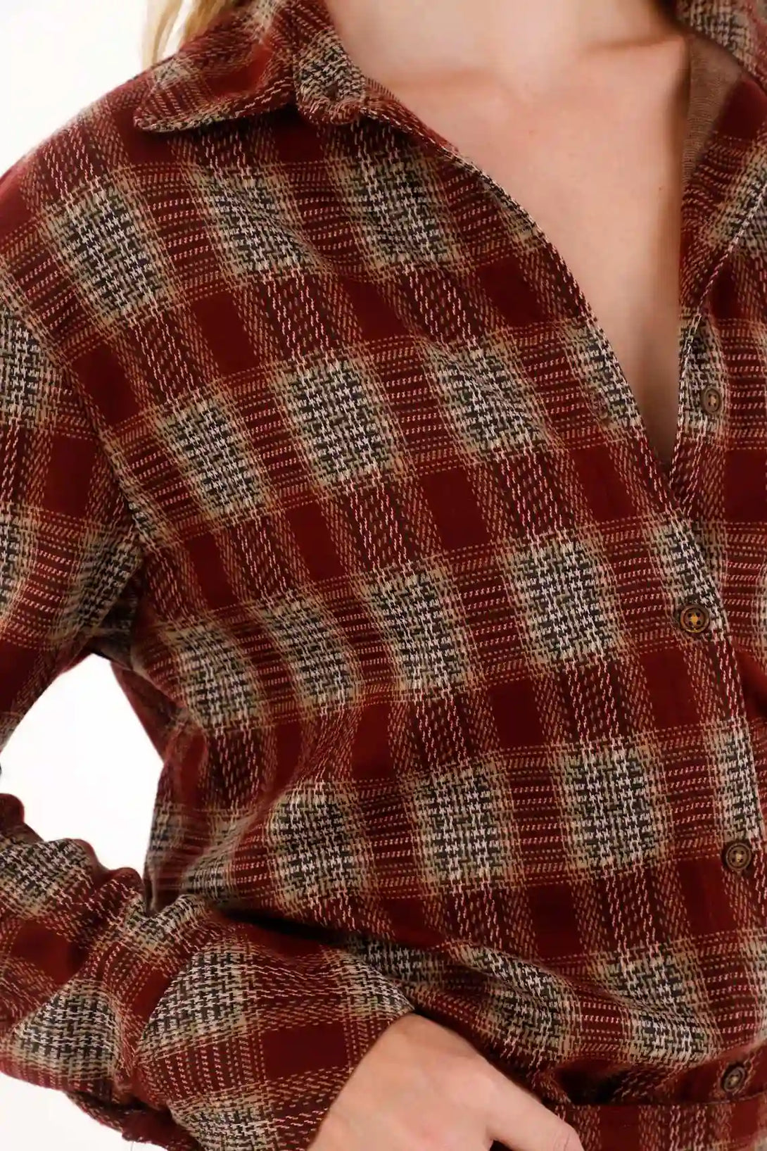 Camisa de cuadros manga larga roja para mujer