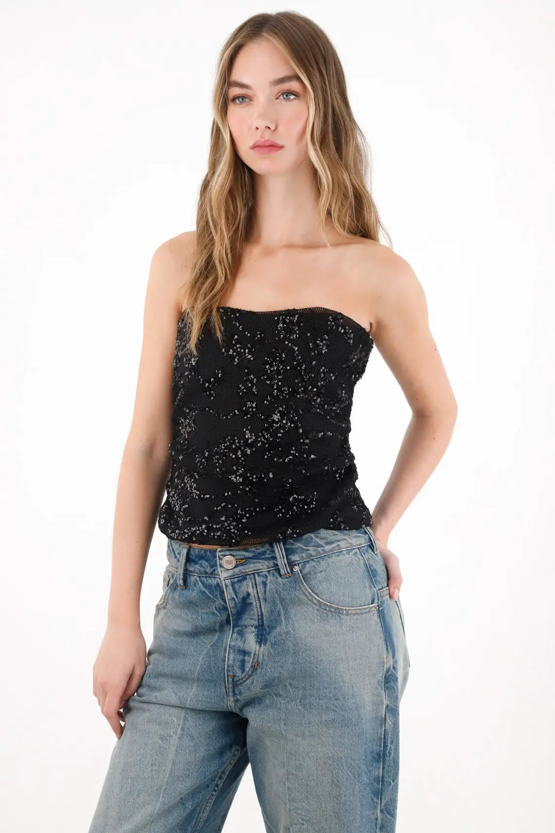 Black Sequin Strapless Shirt for Women