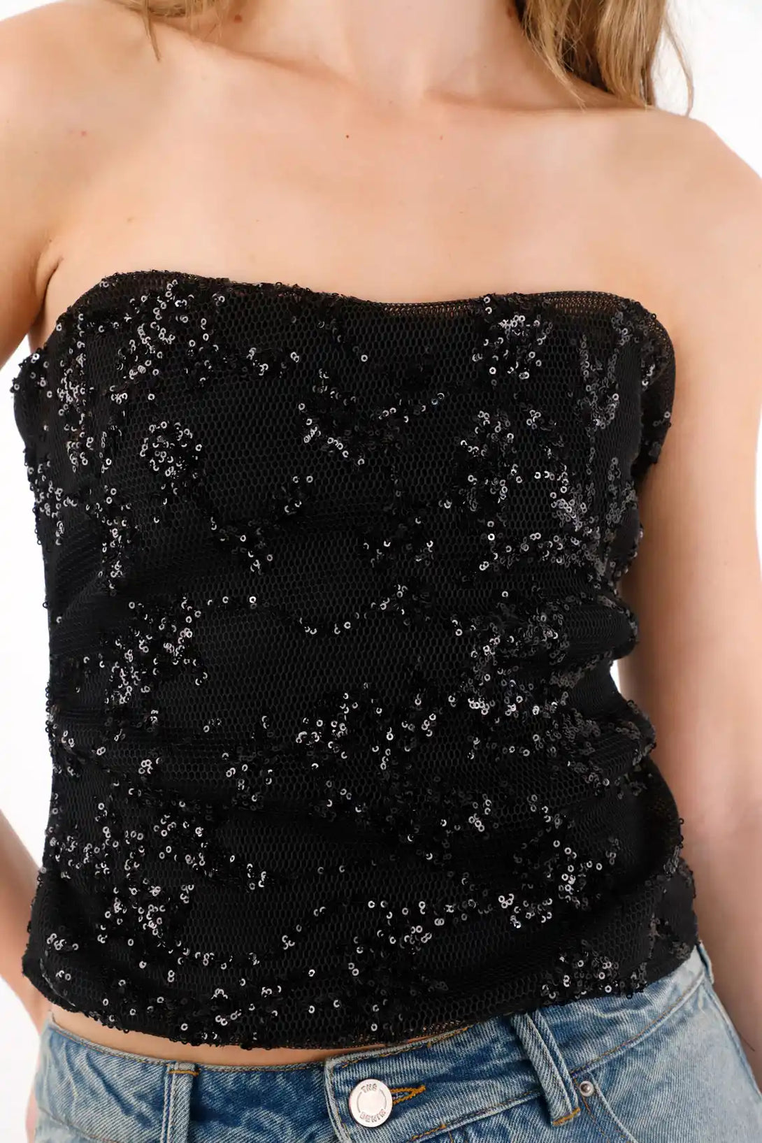 Black Sequin Strapless Shirt for Women