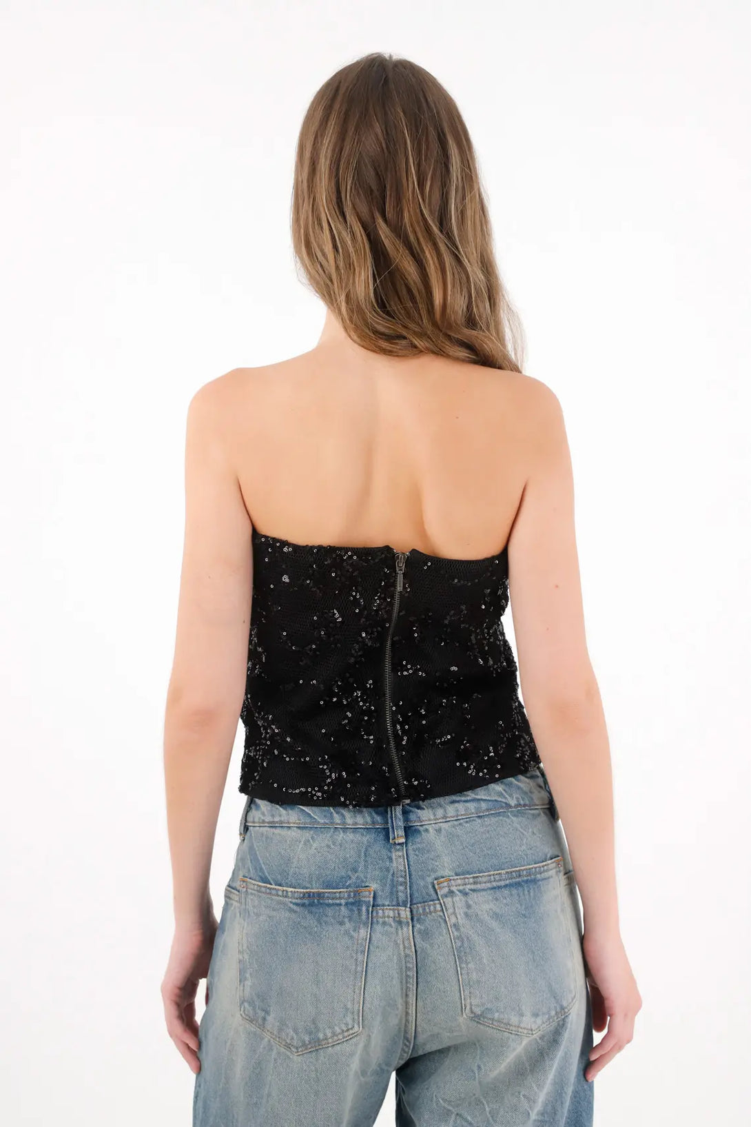 Black Sequin Strapless Shirt for Women