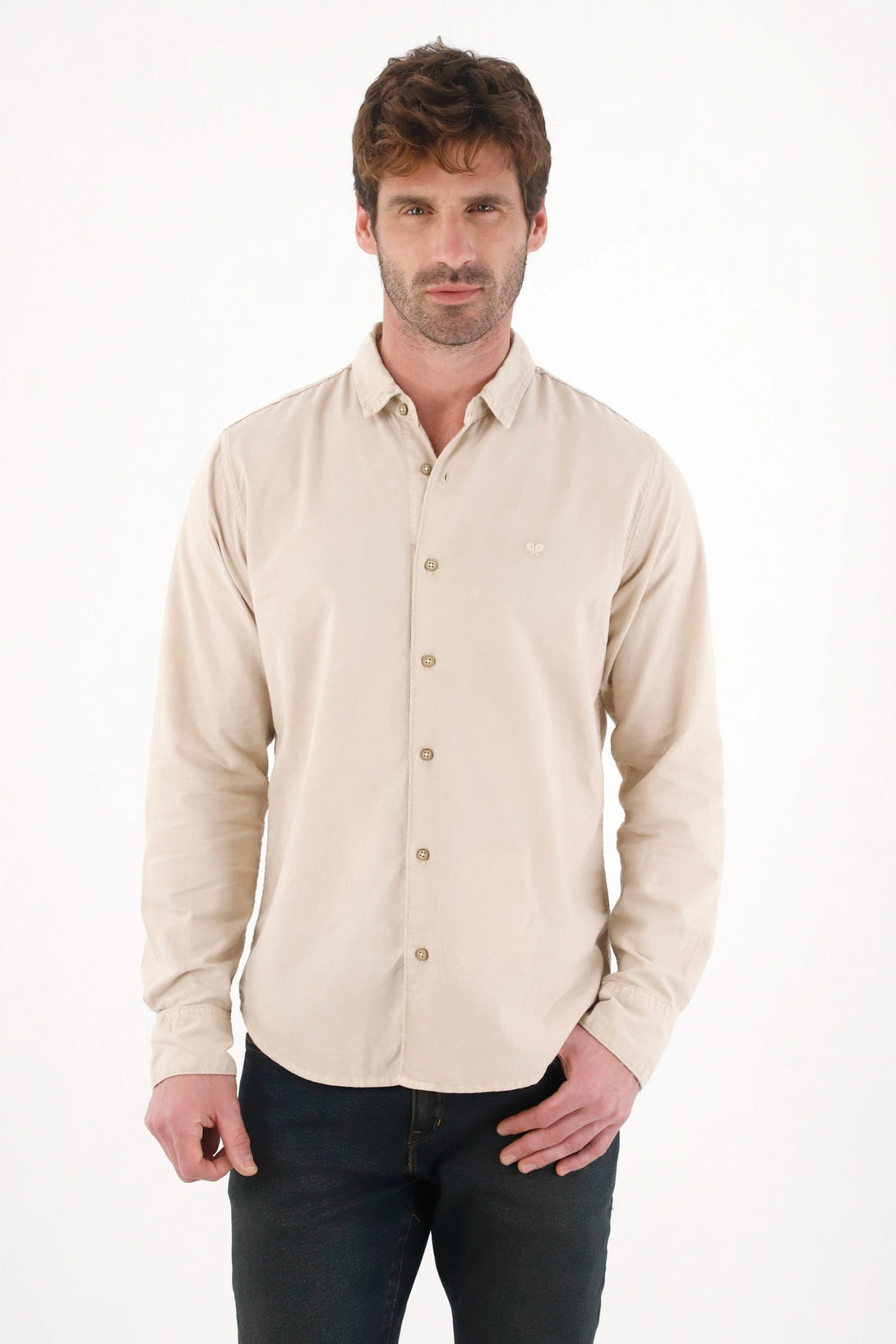 Long Sleeve Shirt with Brown Embroidery Detail for Men