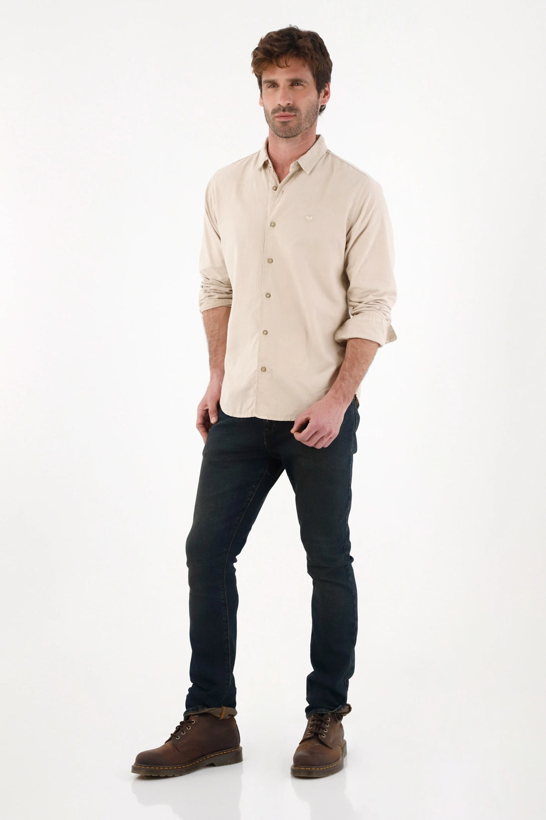 Long Sleeve Shirt with Brown Embroidery Detail for Men