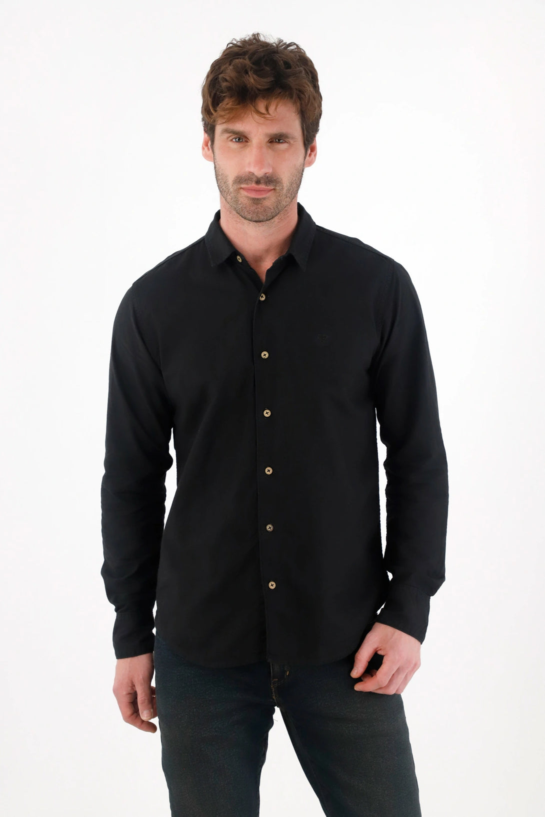 Classic Pre-dyed Shirt with Classic Collar in Black for Men