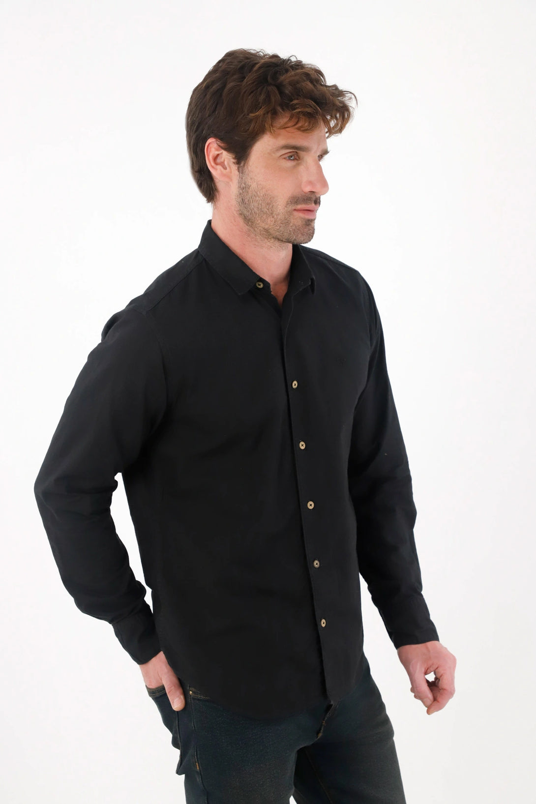 Classic Pre-dyed Shirt with Classic Collar in Black for Men