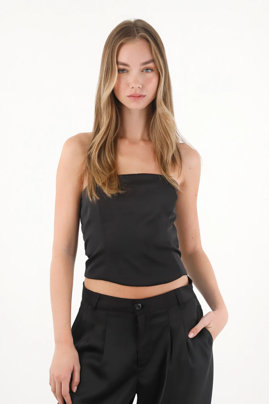 Black Satin Strapless Shirt for Women