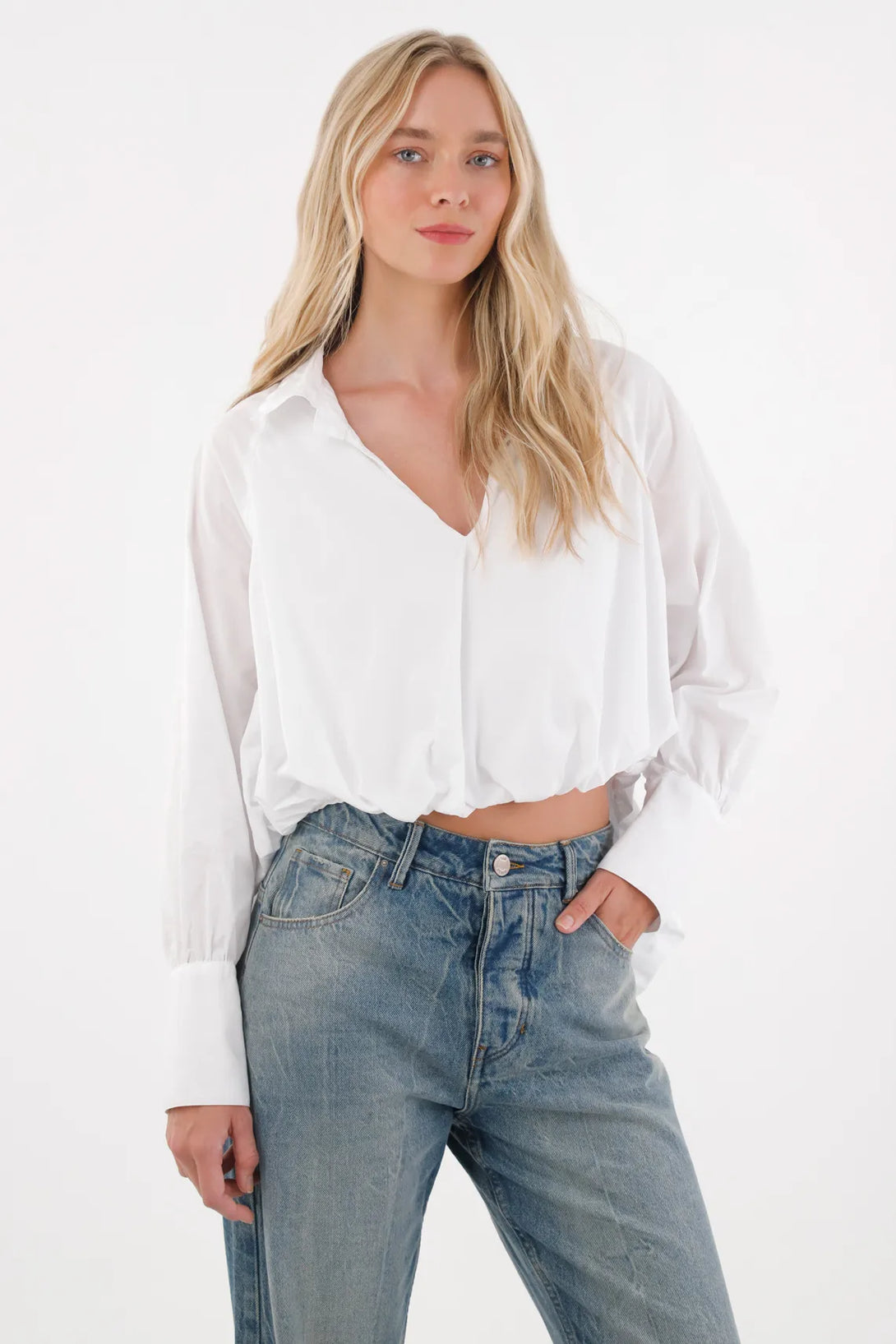 White Balloon Silhouette Shirt for Women