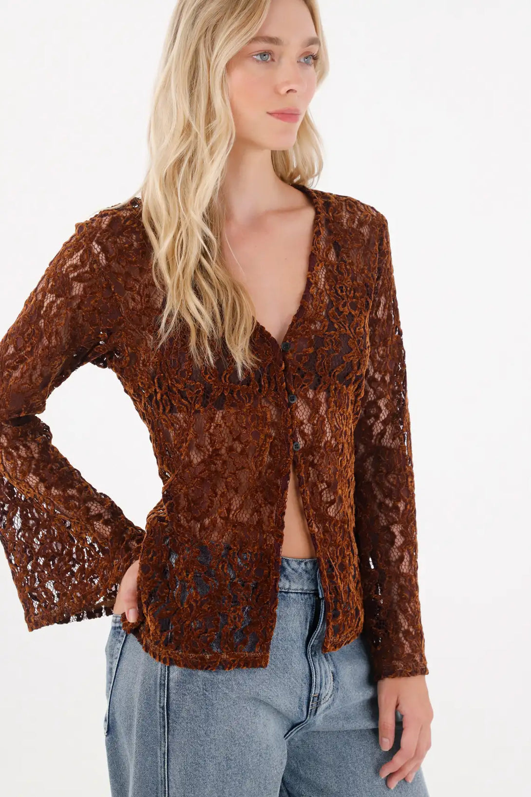 Long Sleeve Bell Lace Shirt in Brown for Women