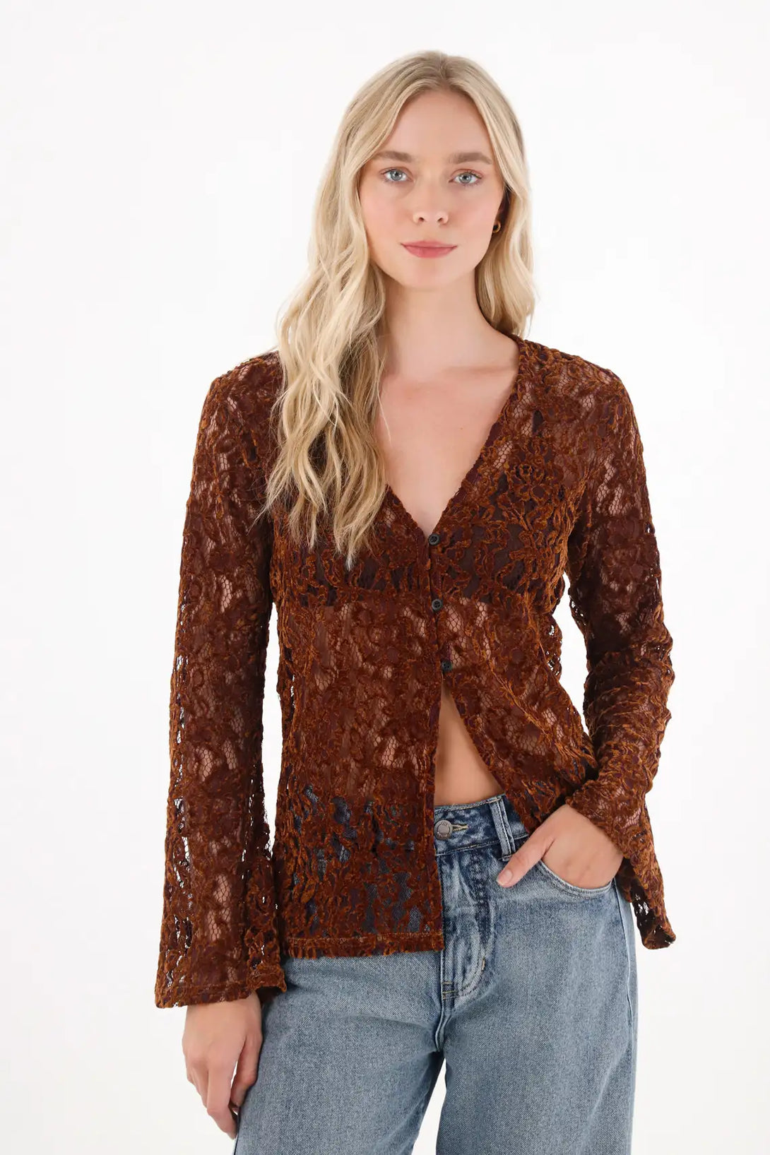 Long Sleeve Bell Lace Shirt in Brown for Women
