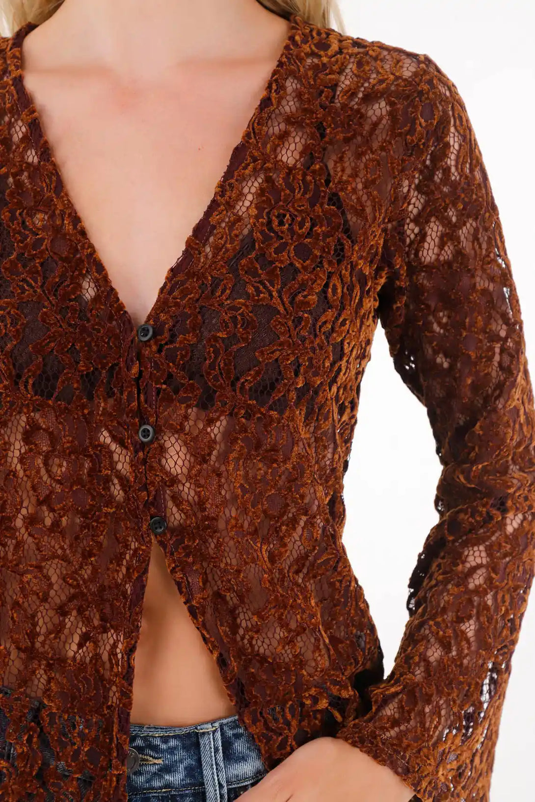 Long Sleeve Bell Lace Shirt in Brown for Women