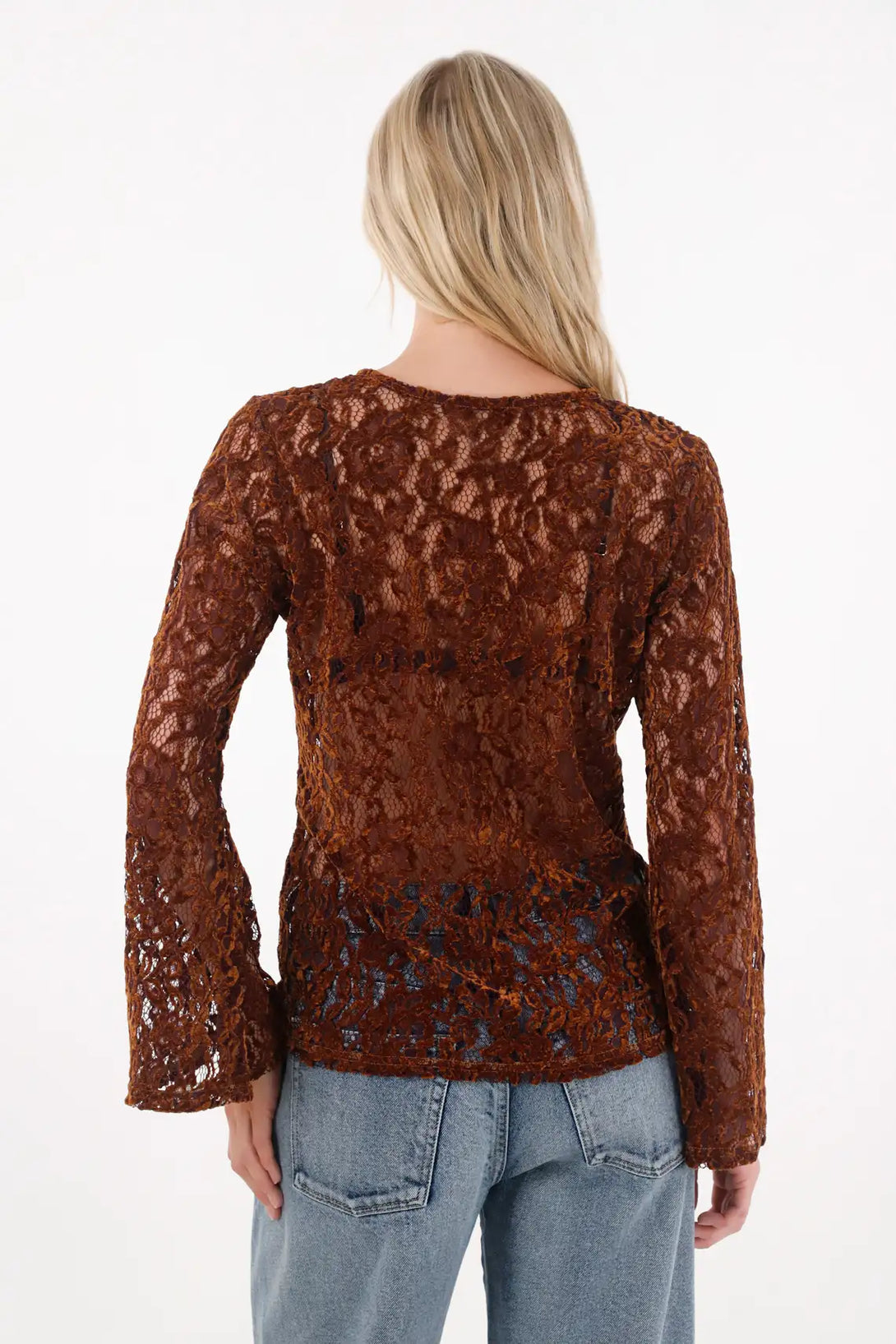 Long Sleeve Bell Lace Shirt in Brown for Women