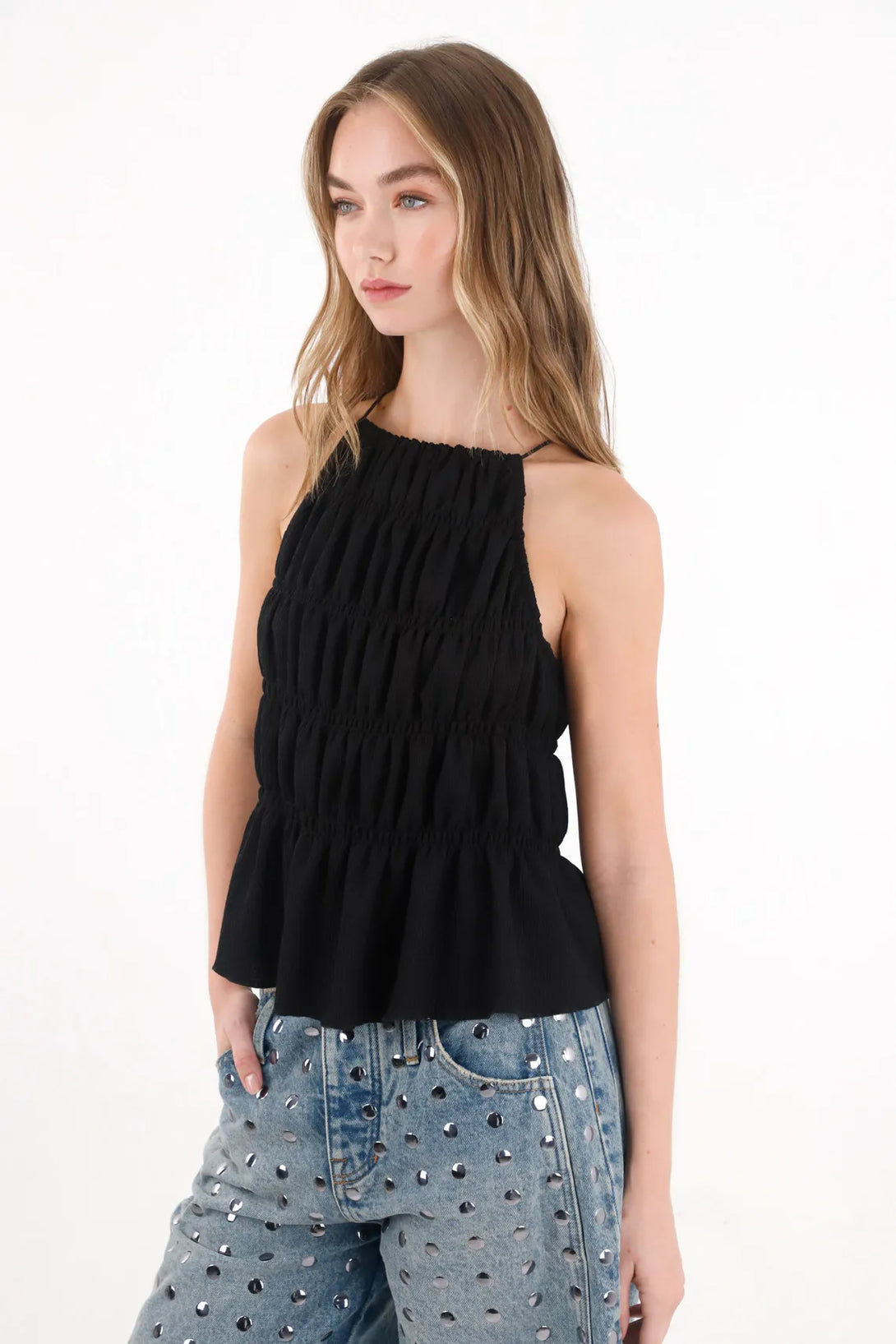 Camisa cuello halter negra para mujer