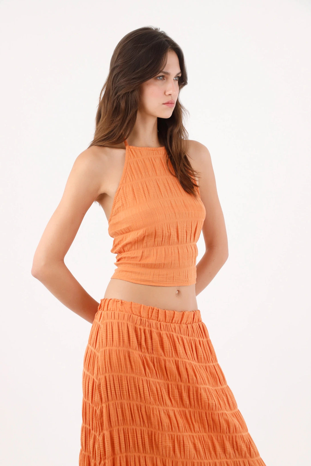 Orange Crinkle Texture Halter Top for Women | TNS