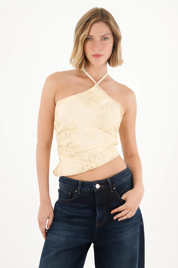 Women's Yellow Embroidered Scarf Top