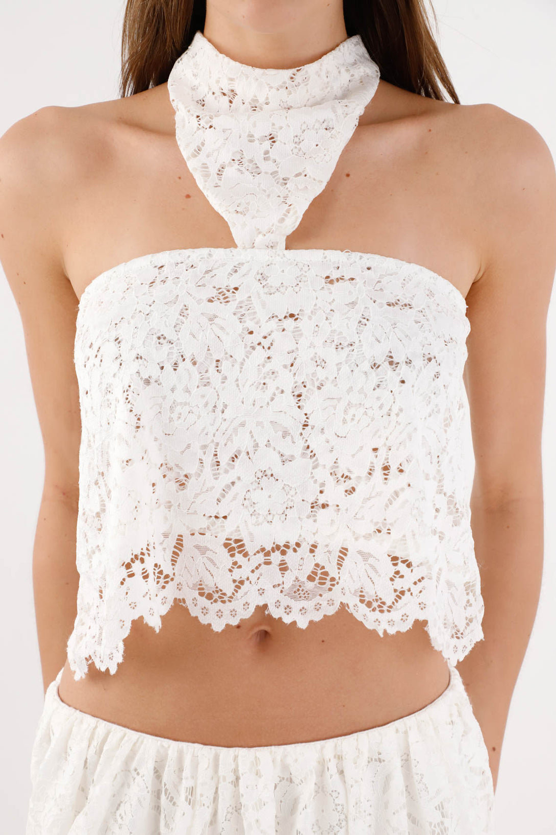 Crop top with white lace halter neckline for women | TNS Crop top with white lace halter neckline for women | TNS