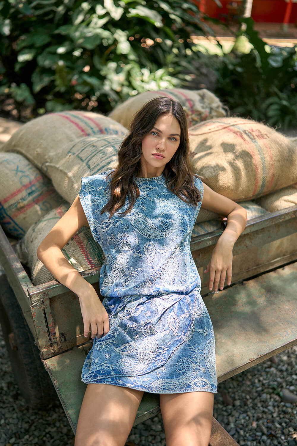 Relaxed Short Dress with Crossed Tulip Skirt in Indigo Cotton for Women