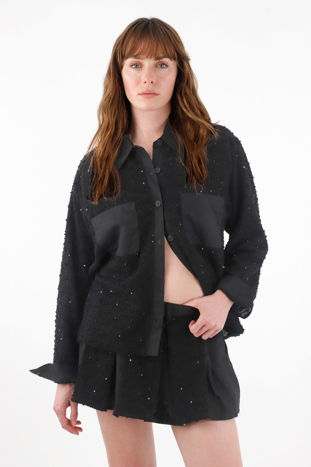 Falda short de tablas con lentejuelas para mujer
