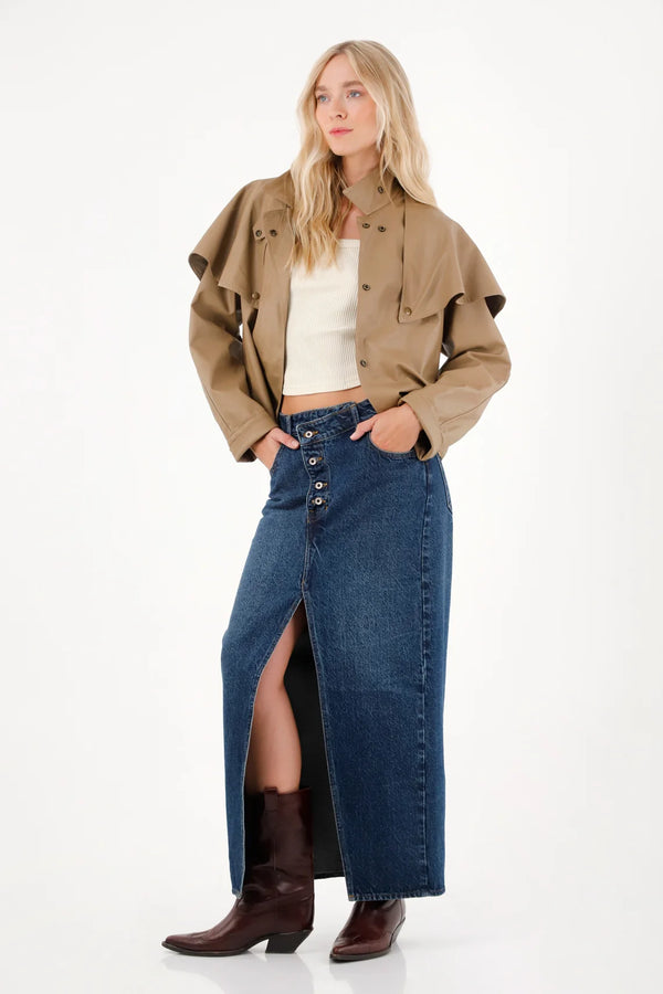Falda larga en denim con jota asimétrica para mujer