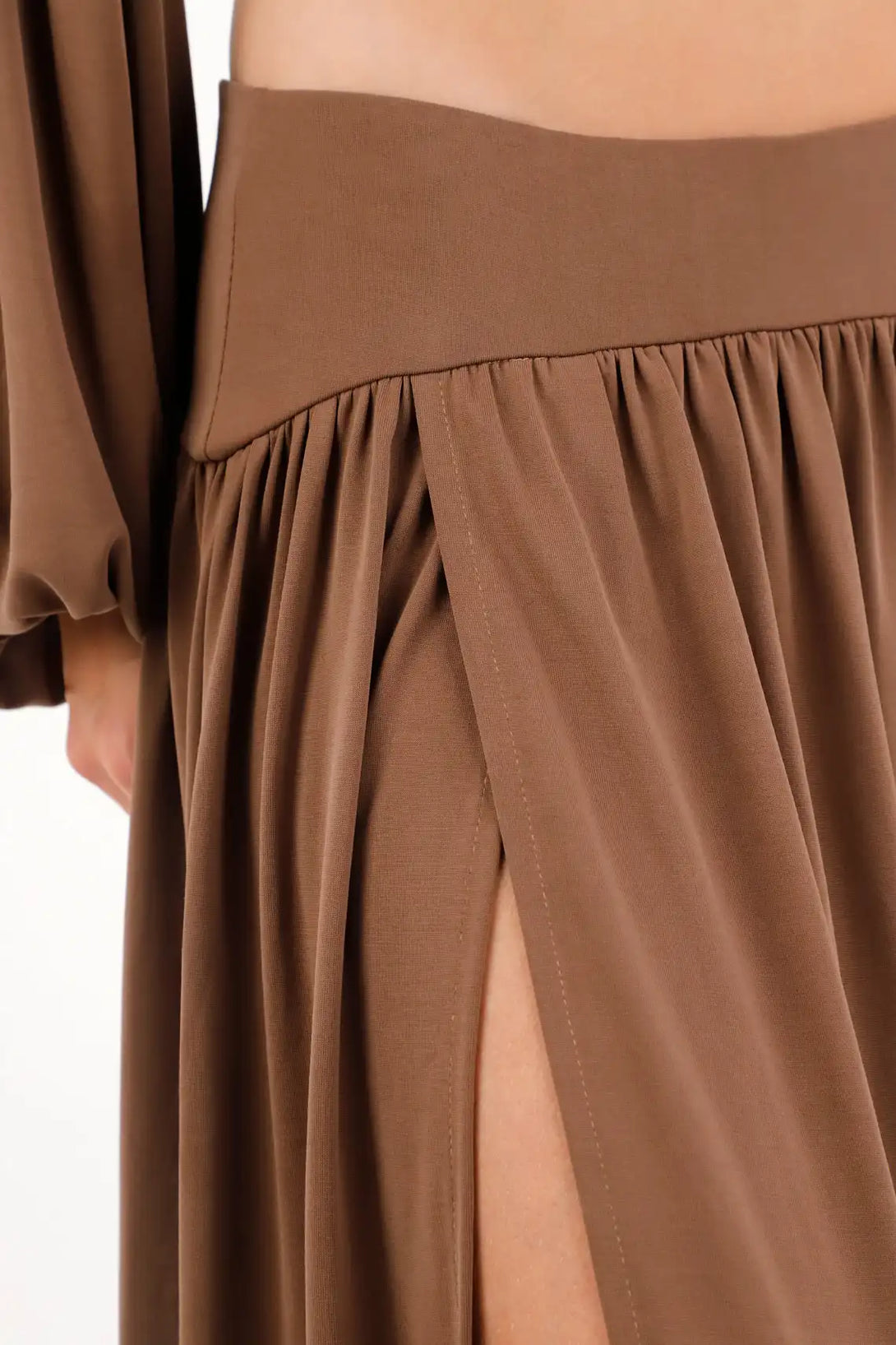 Long brown skirt with side slit for women