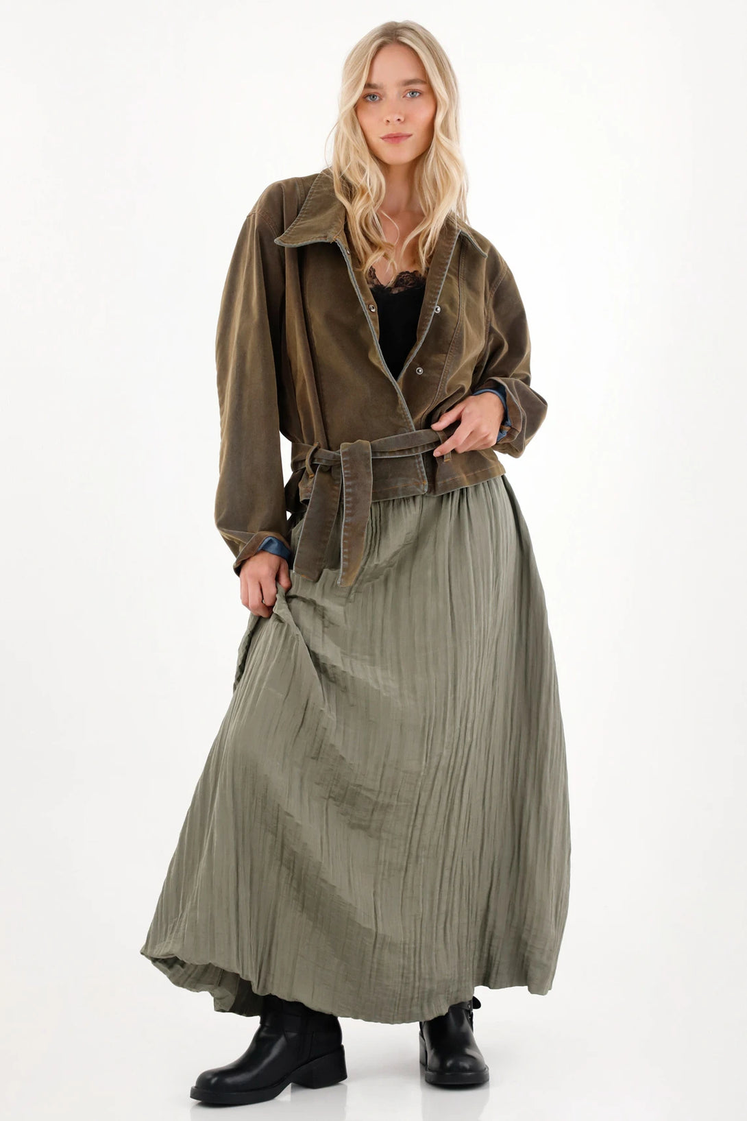 Long Skirt for Women Polyester Olive Green Crinkle Effect Lightweight