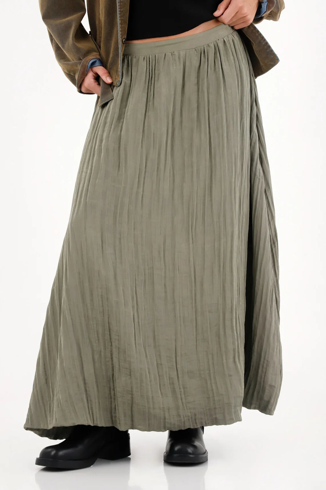 Long Skirt for Women Polyester Olive Green Crinkle Effect Lightweight