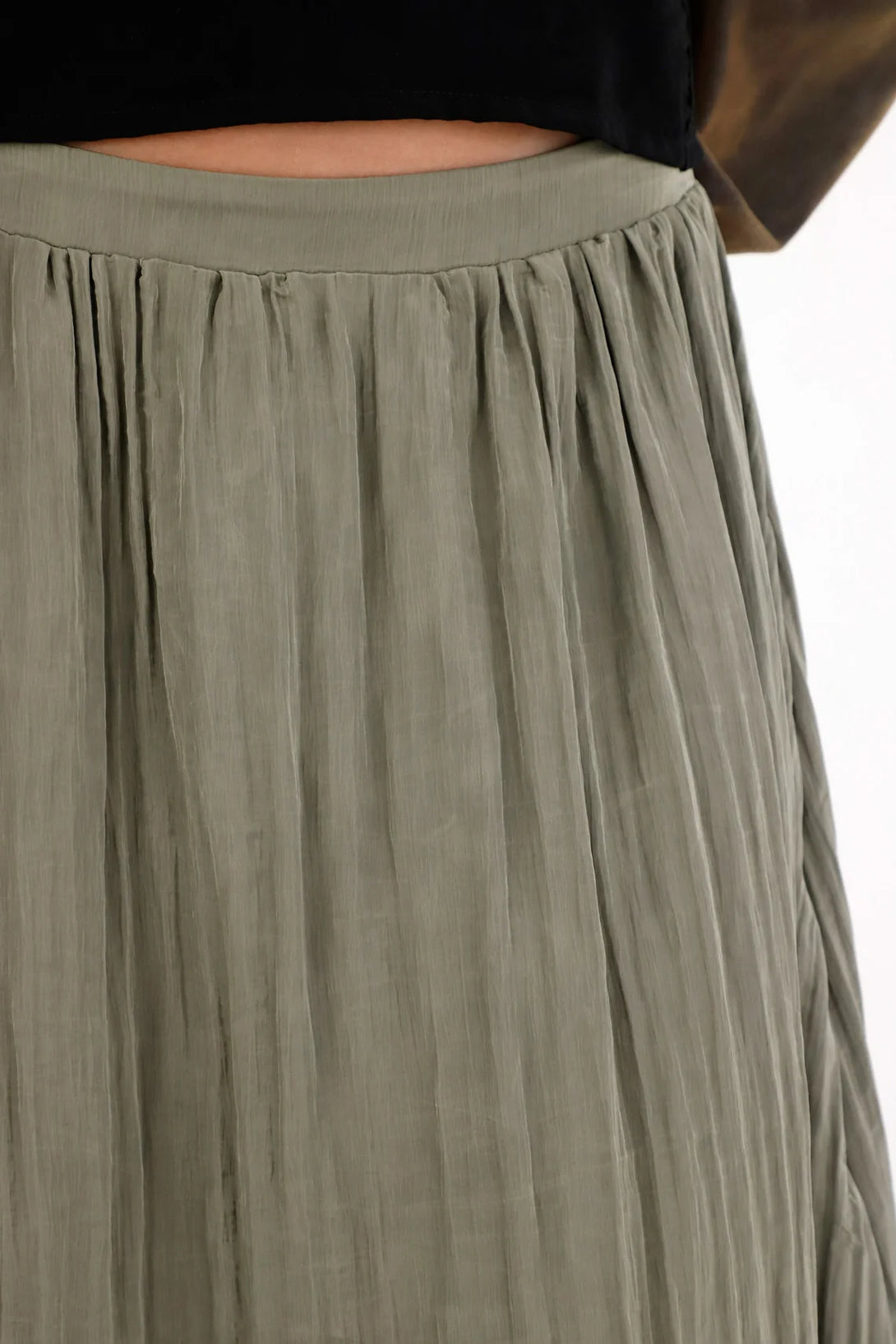 Long Skirt for Women Polyester Olive Green Crinkle Effect Lightweight