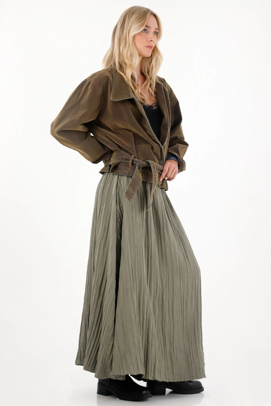 Long Skirt for Women Polyester Olive Green Crinkle Effect Lightweight