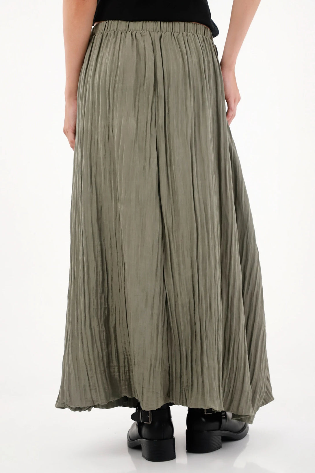 Long Skirt for Women Polyester Olive Green Crinkle Effect Lightweight