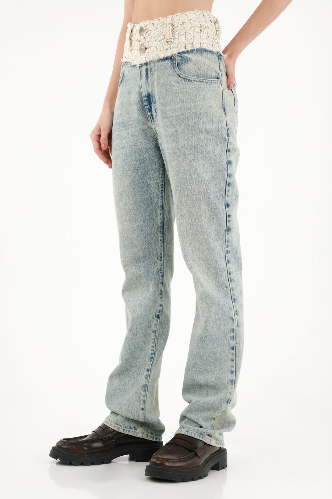 Jean Recto con corte tejido y lurex en pretina para mujer