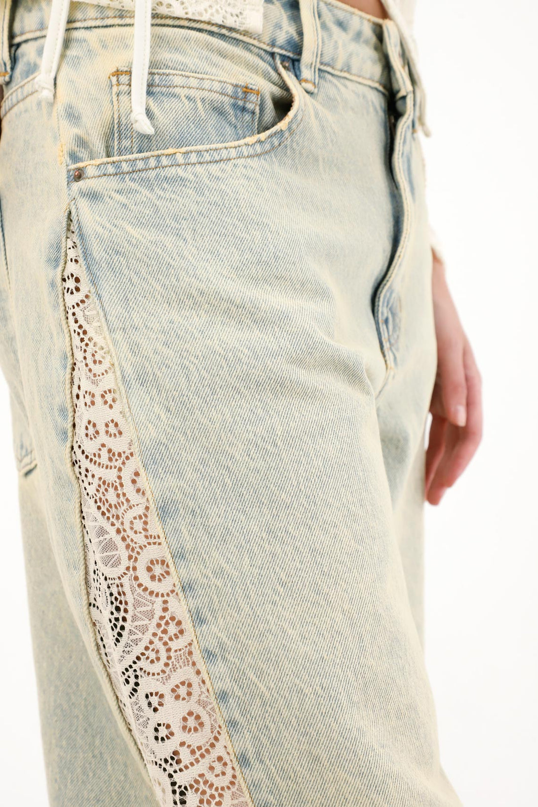 Women's High-Waisted Wide Leg Jeans with Lace Side Details
