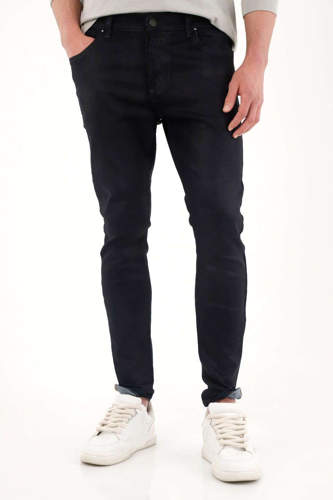 Men's Super Skinny Mid-Rise Jeans with Leather Effect