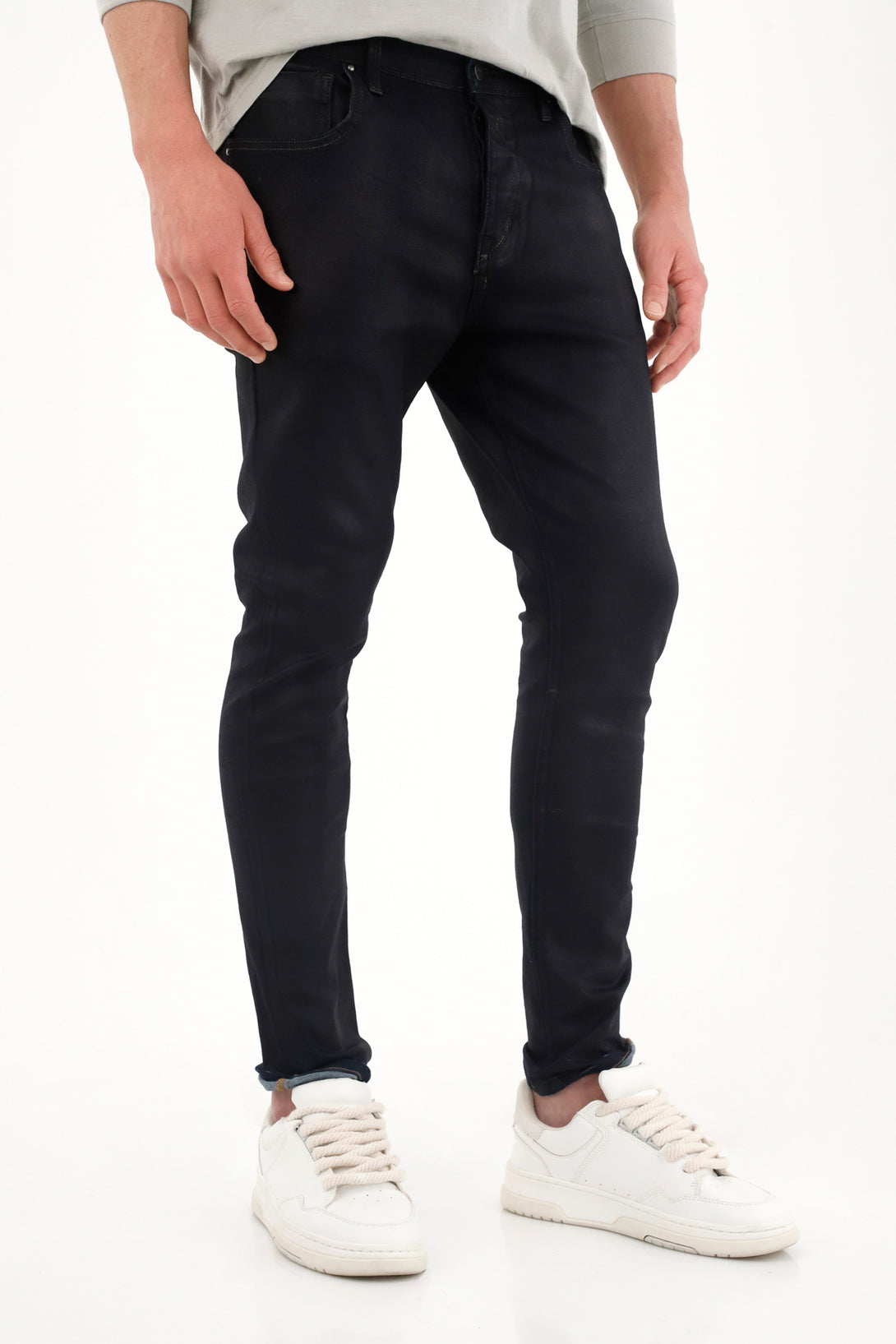 Men's Super Skinny Mid-Rise Jeans with Leather Effect