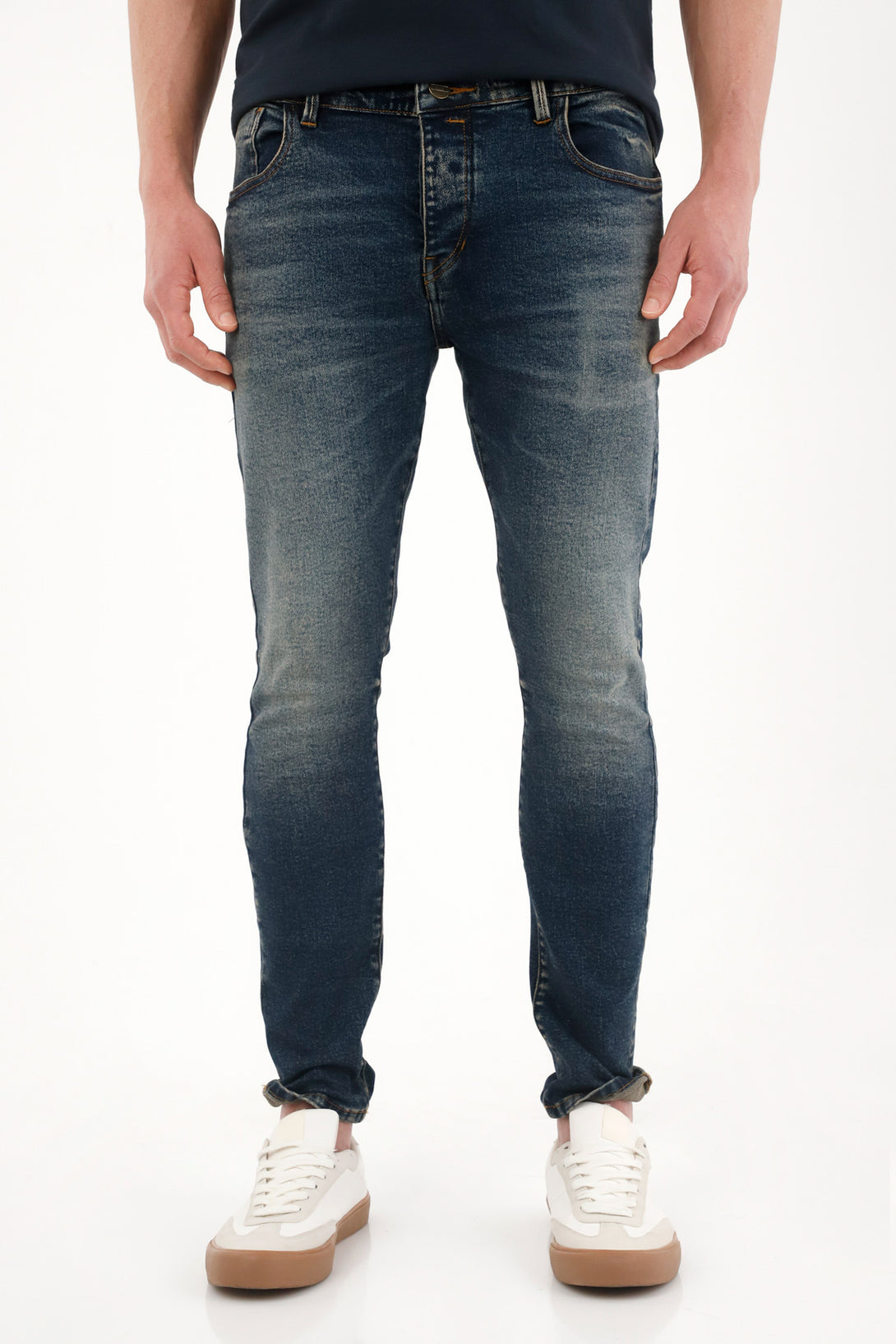 Men's Dark Blue 3D Wrinkle Skinny Jeans