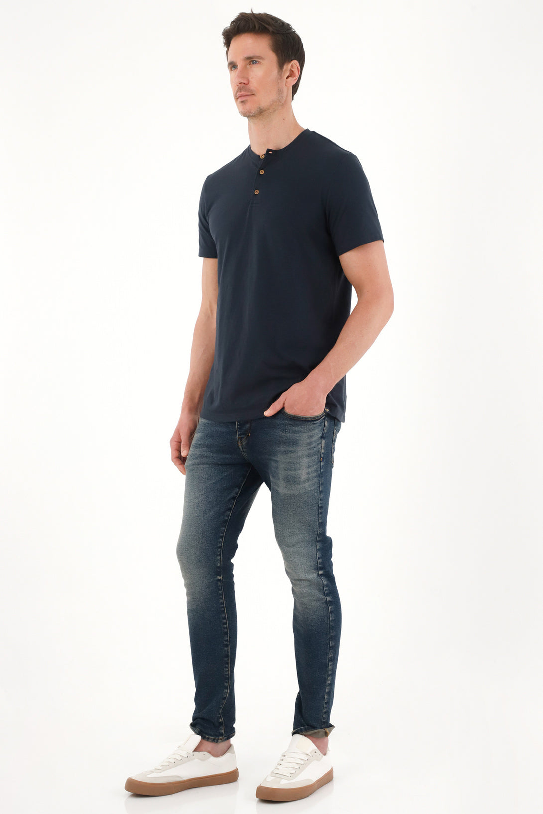 Men's Dark Blue 3D Wrinkle Skinny Jeans