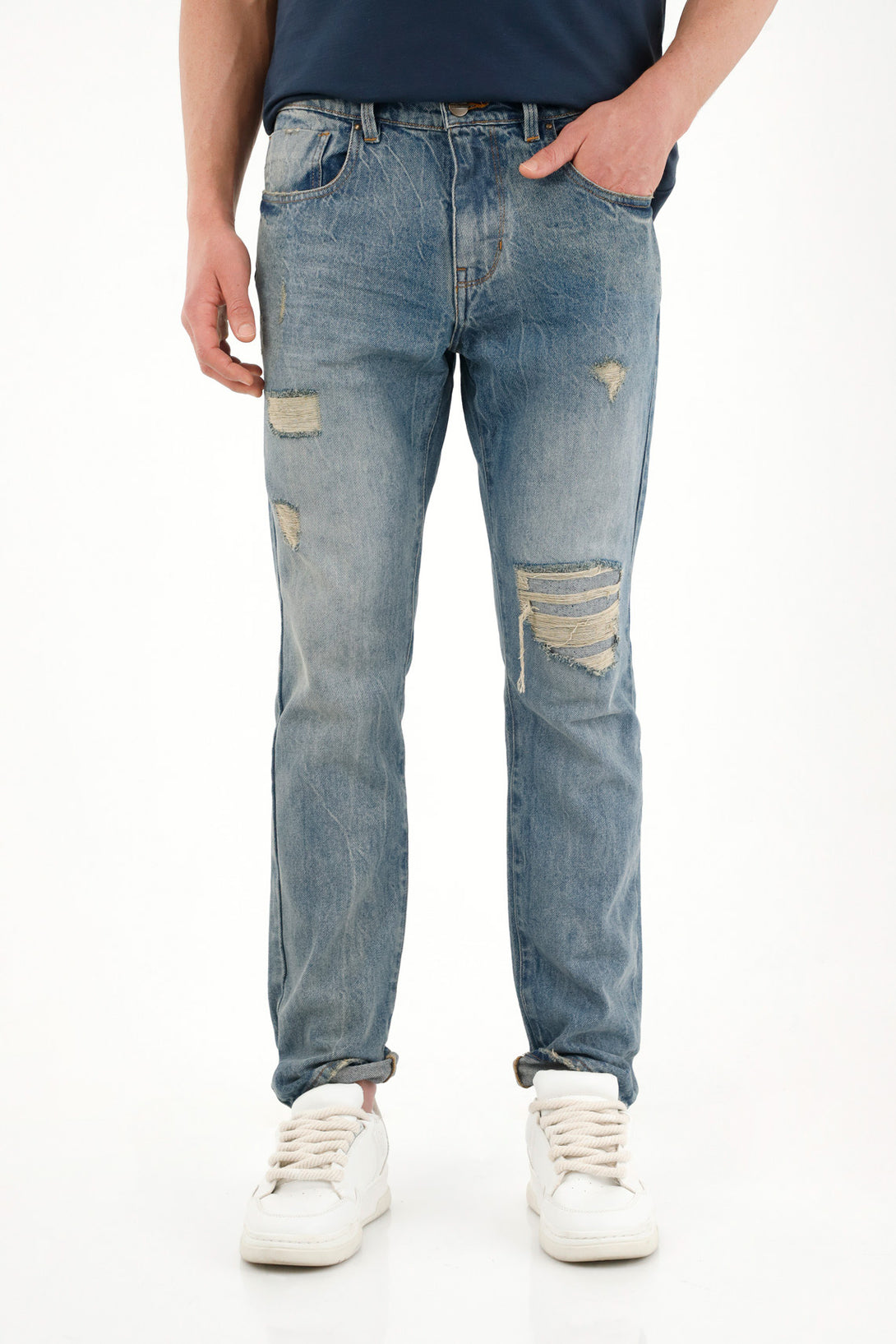 Classic Mid-Rise Jeans with Distressed Details and Back Embroidery for Men
