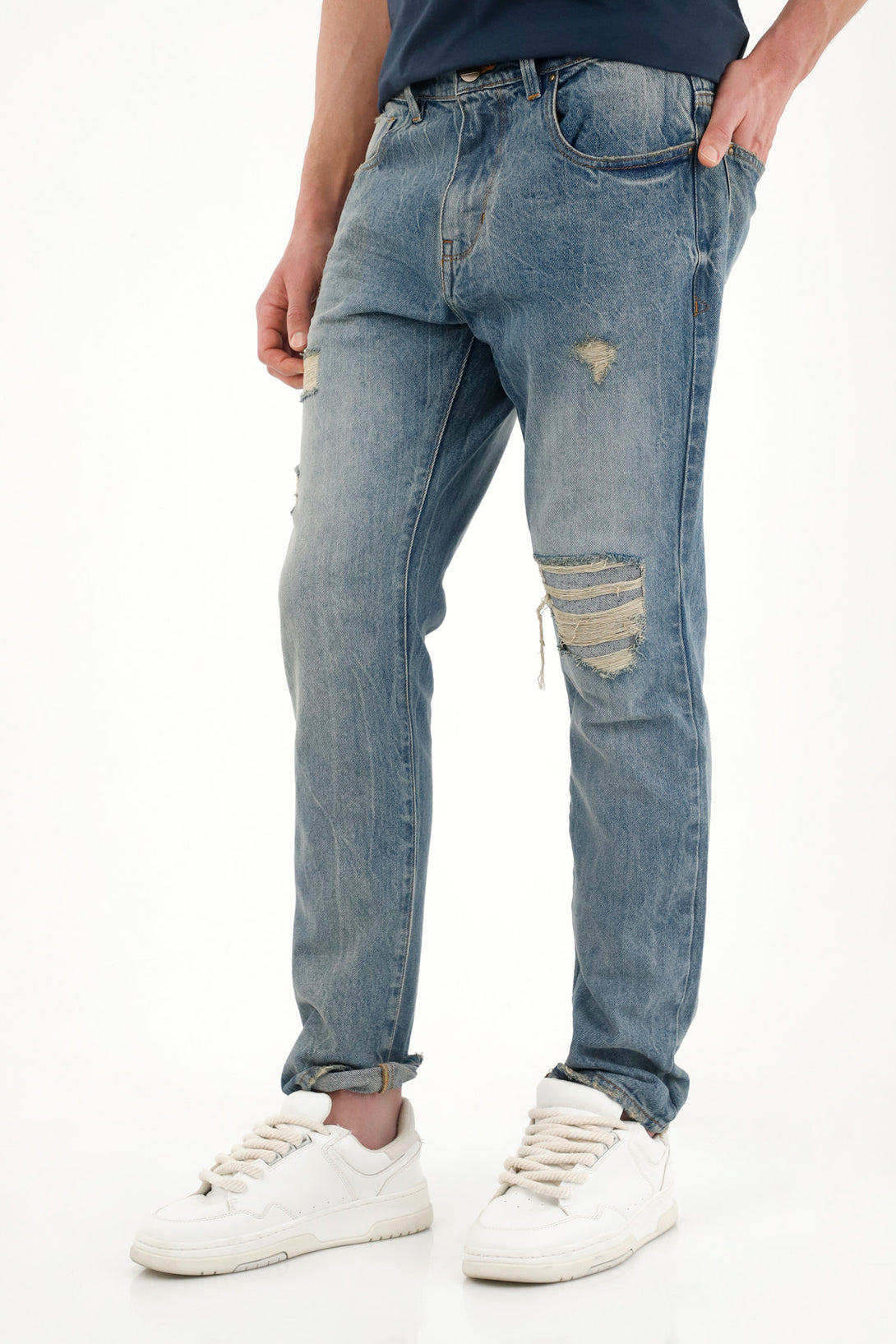 Classic Mid-Rise Jeans with Distressed Details and Back Embroidery for Men