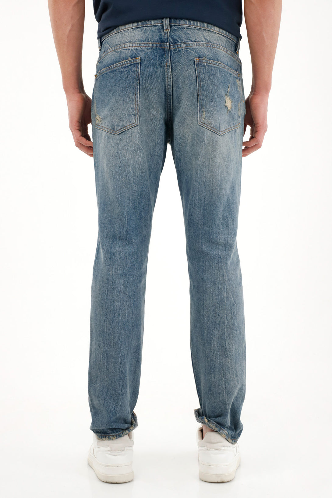 Classic Mid-Rise Jeans with Distressed Details and Back Embroidery for Men