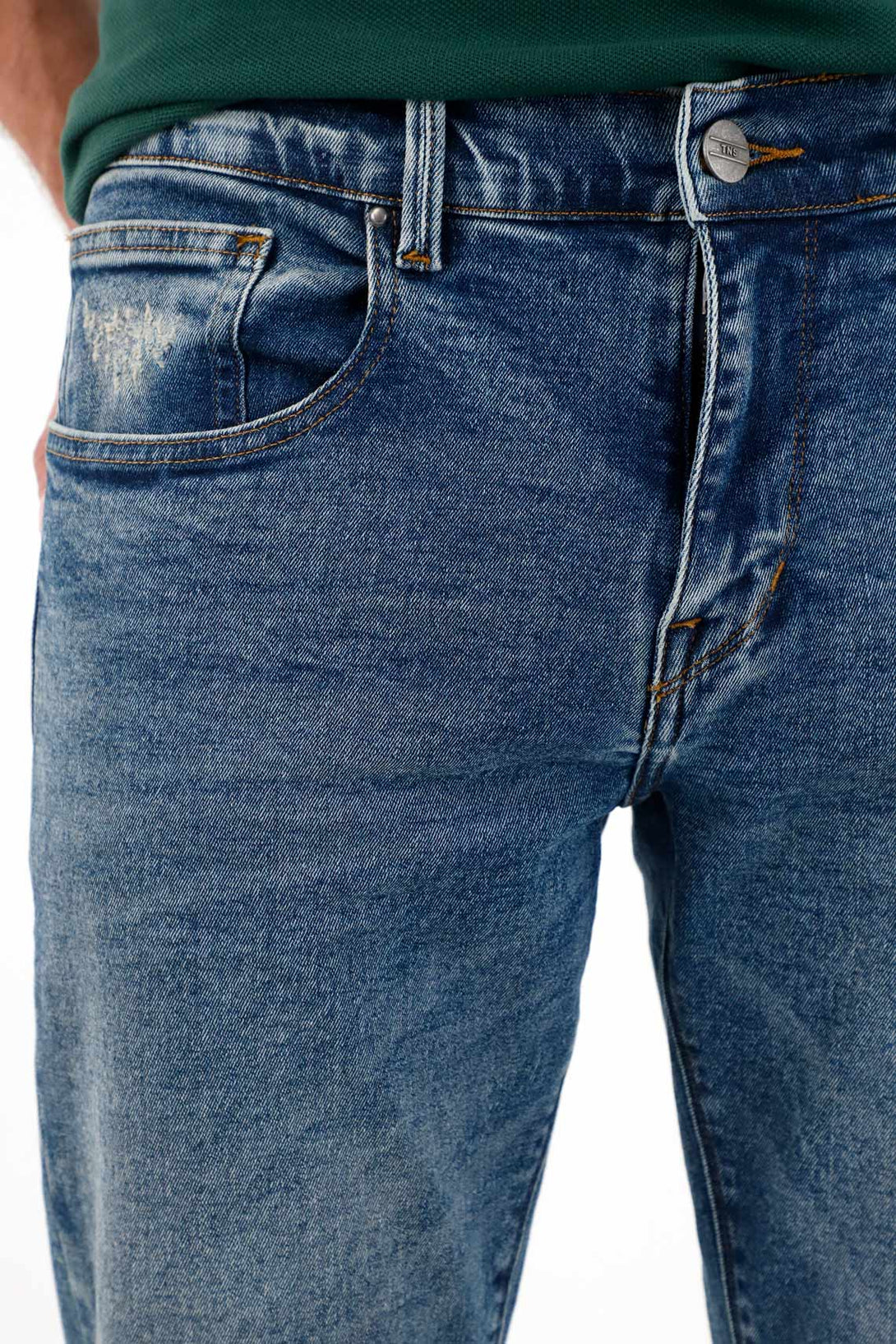 Men's Blue Mid-Rise Straight Jeans with Distressing