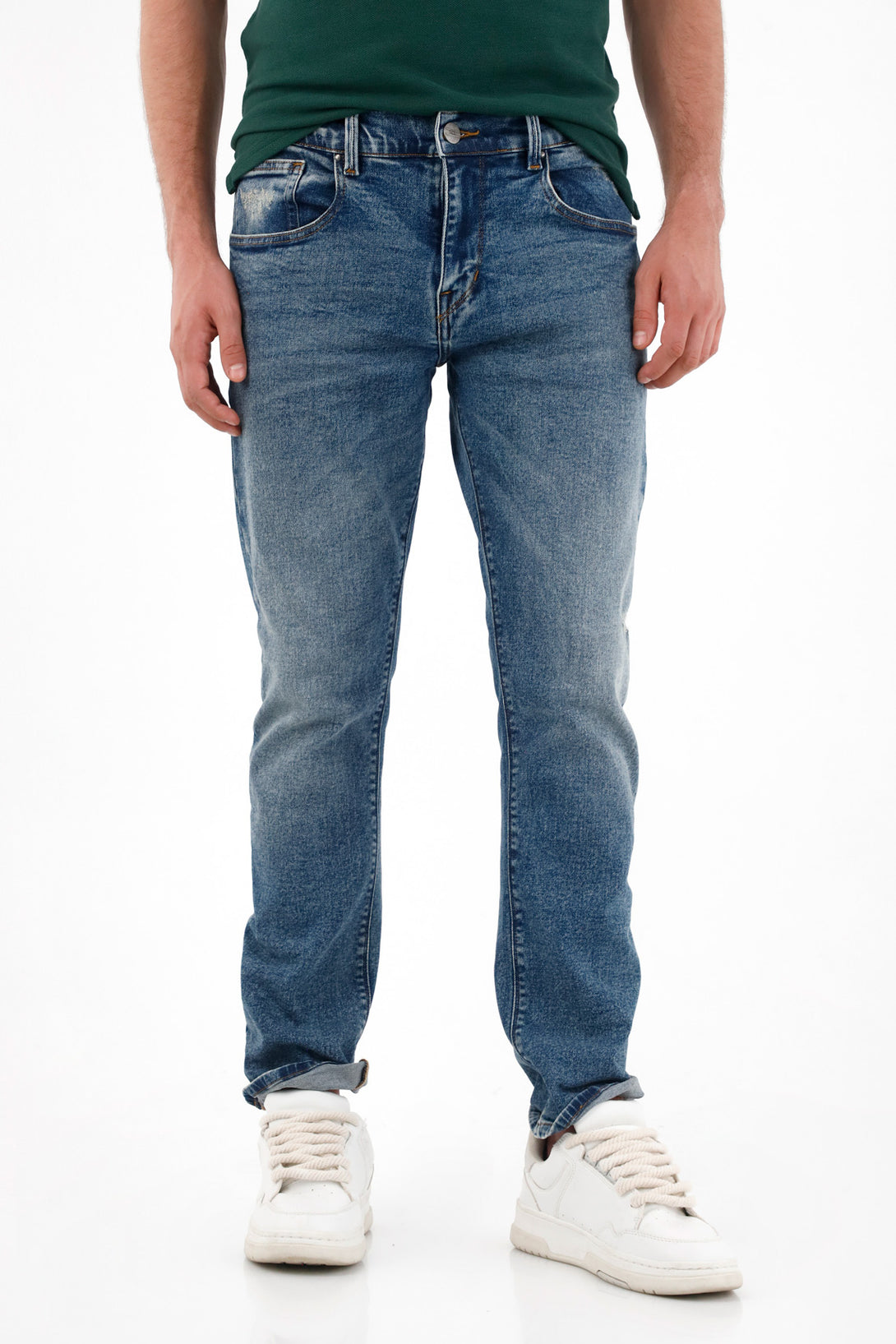 Men's Blue Mid-Rise Straight Jeans with Distressing