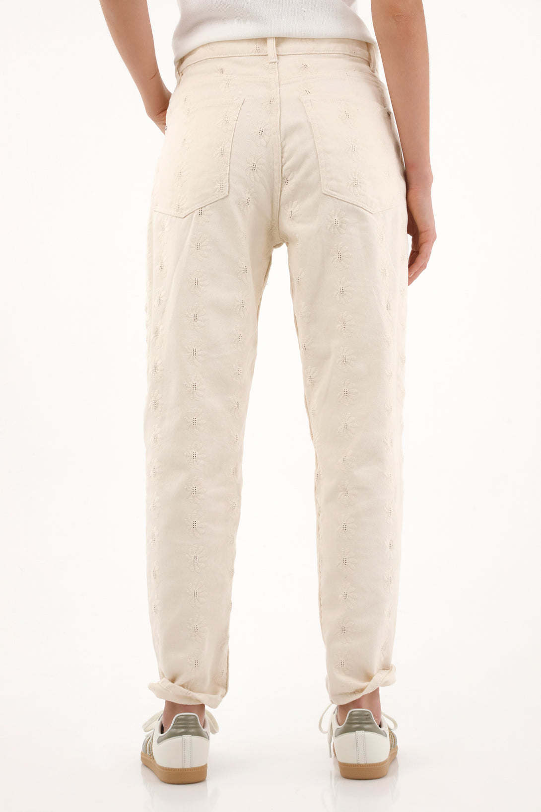 Women's Mom Jeans with Subtle Embroidered Details in Off-White