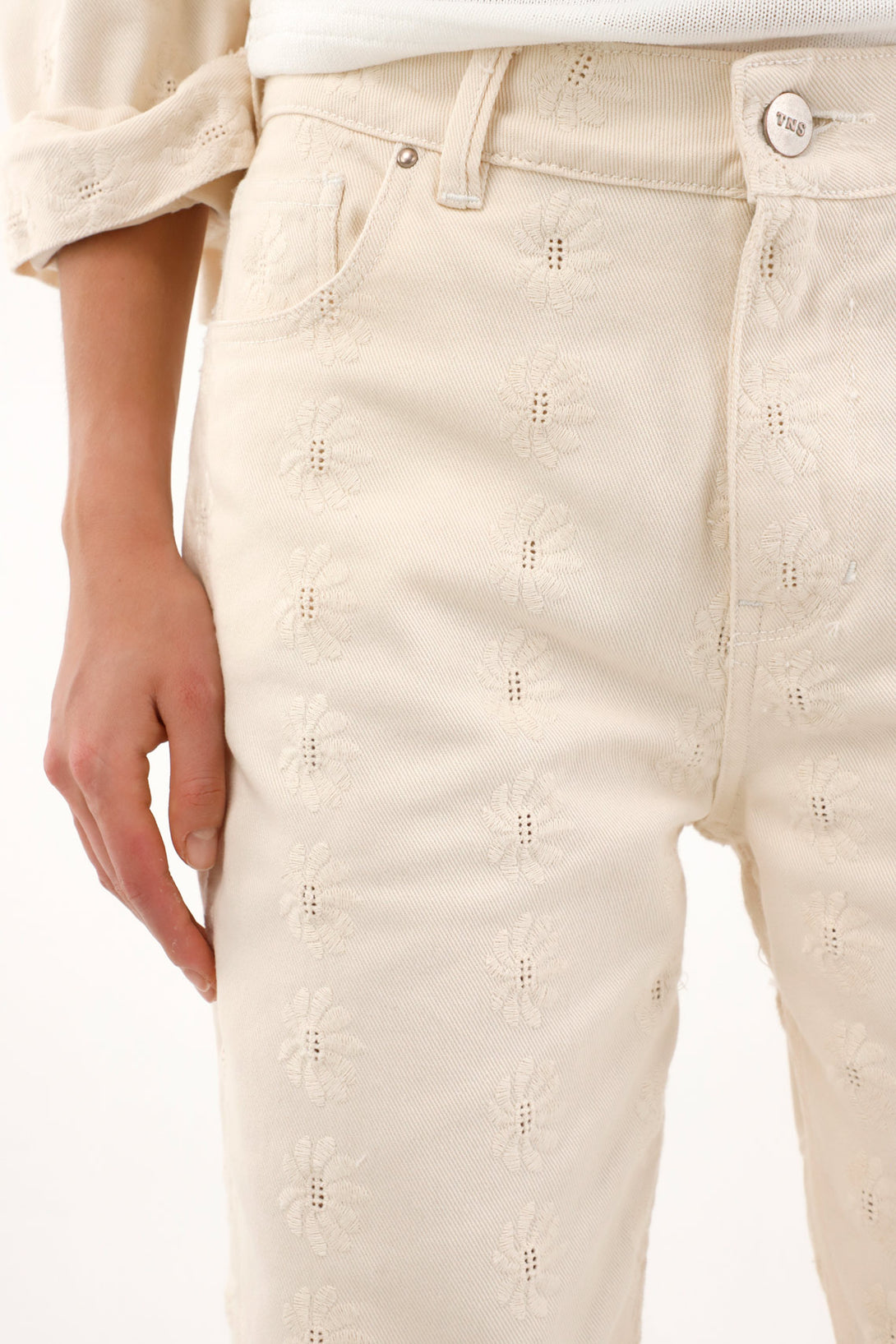 Women's Mom Jeans with Subtle Embroidered Details in Off-White